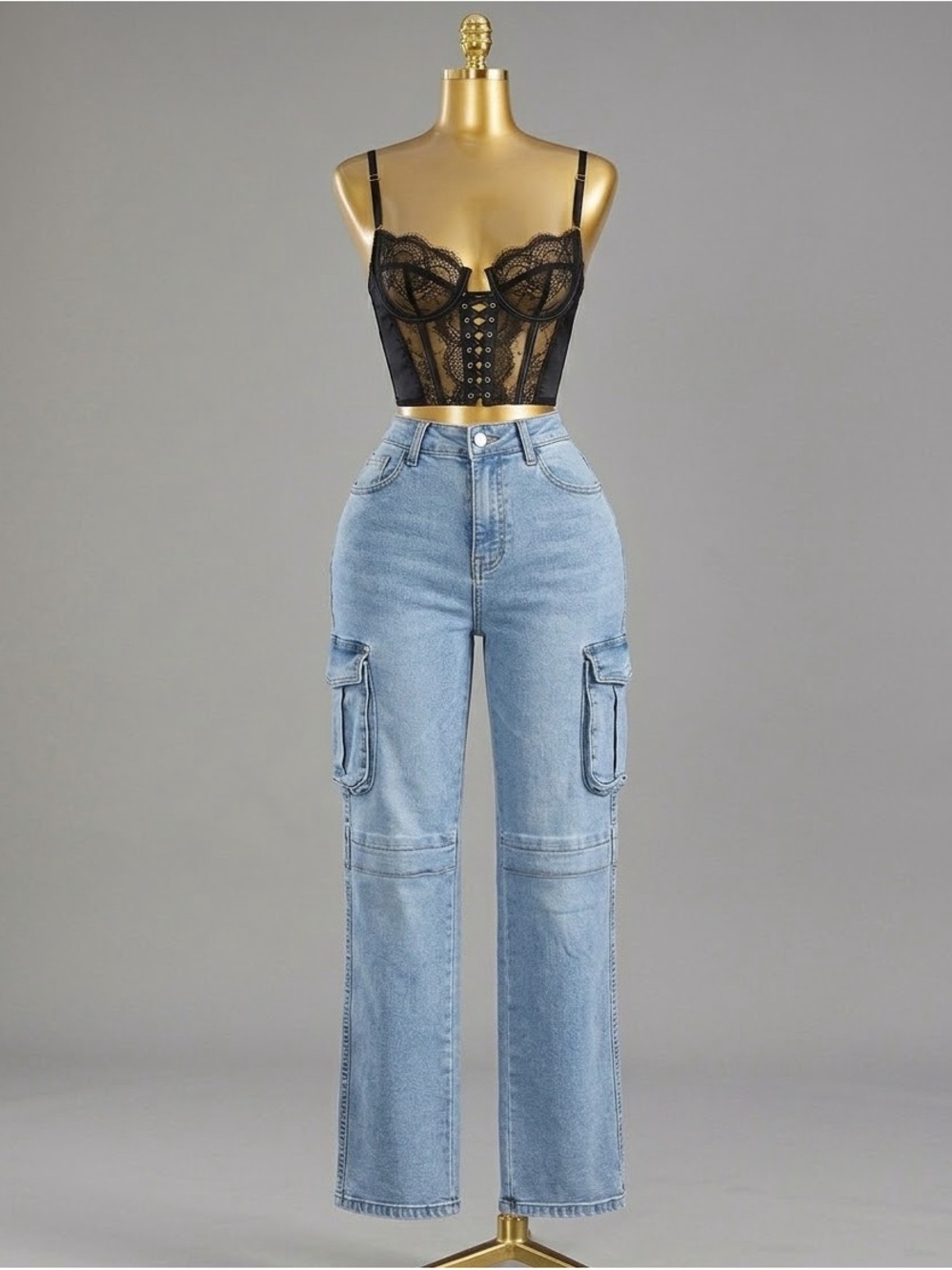 Light Blue Straight-Leg Cargo Jeans for Women